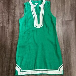 Crown & Ivy 100% Linen Green Dress with White Trim